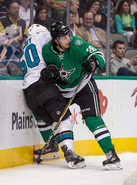 Mar 24, 2017; Dallas, TX, USA; Dallas Stars defenseman Stephen Johns (28) and San Jose Sharks center Chris Tierney (50) during the game at the American Airlines Center. The Stars defeat the Sharks 6-1. Mandatory Credit: Jerome Miron-USA TODAY Sports