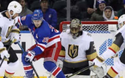 NMalcolm Subban #30 of the Vegas Golden Knights defends the net against Chris Kreider #20 of the New York Rangers