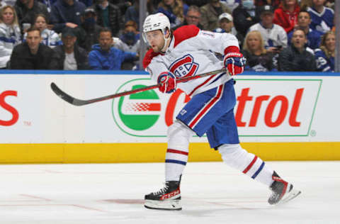 TORONTO, ON – APRIL 9: Josh Anderson #17 of the Montreal Canadiens fires a shot against the Toronto Maple Leafs during an NHL game at Scotiabank Arena on April 9, 2022 in Toronto, Ontario, Canada. The Maple Leafs defeated the Canadiens 3-2.(Photo by Claus Andersen/Getty Images)