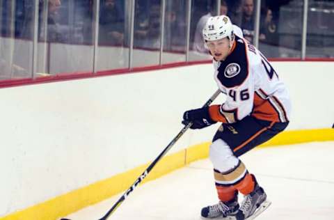 TUCSON, AZ: Anaheim Ducks left wing Max Jones (46) controls the puck during a preseason hockey game between the Anaheim Ducks and Arizona Coyotes on September 25, 2017. (Photo by Jacob Snow/Icon Sportswire via Getty Images)