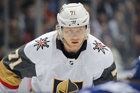 William Karlsson of the Vegas Golden Knights waits for a faceoff against the Toronto Maple Leafs during an NHL game at Scotiabank Arena on November 7, 2019 in Toronto, Ontario, Canada.