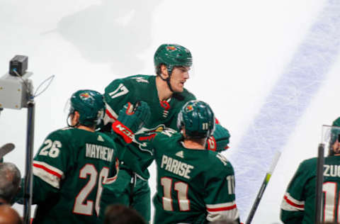 SAINT PAUL, MN – OCTOBER 20: Marcus Foligno #17 of the Minnesota Wild celebrates after scoring a goal against the Montreal Canadiens during the game at the Xcel Energy Center on October 20, 2019, in Saint Paul, Minnesota. (Photo by Bruce Kluckhohn/NHLI via Getty Images)