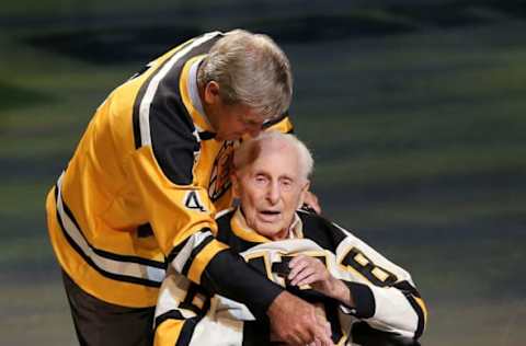 BOSTON, MA – OCTOBER 20: Former Boston Bruins players Bobby Orr and Milt Schmidt stand at center ice before the game between the Boston Bruins and the New Jersey Devils at TD Garden on October 20, 2016 in Boston, Massachusetts. (Photo by Maddie Meyer/Getty Images)