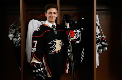 CHICAGO, IL – June 24: Antoine Morand, chosen with the 60th overall pick by the Anaheim Ducks, poses for a portrait during the 2017 NHL Draft. (Photo by Jeff Vinnick/NHLI via Getty Images)