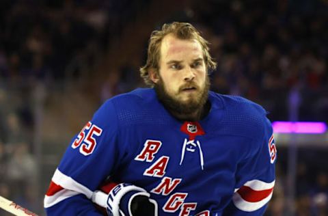 NEW YORK, NEW YORK – APRIL 10: Ryan Lindgren #55 of the New York Rangers skates against the Buffalo Sabres at Madison Square Garden on April 10, 2023, in New York City. The Sabres defeated the Rangers 3-2 in the shootout. (Photo by Bruce Bennett/Getty Images)