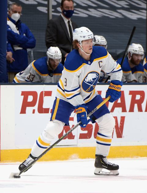 UNIONDALE, NEW YORK – MARCH 06: Jack Eichel #9 of the Buffalo Sabres skates against the New York Islanders at the Nassau Coliseum on March 06, 2021 in Uniondale, New York. (Photo by Bruce Bennett/Getty Images)