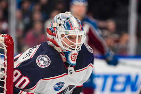 TAMPERE, FINLAND – NOVEMBER 04: Goalkeeper Elvis Merzlikins of Columbus during the 2022 NHL Global Series – Finland match between Columbus Blue Jackets and Colorado Avalanche at Nokia Arena on November 4, 2022 in Tampere, Finland. (Photo by Jari Pestelacci/Eurasia Sport Images/Getty Images)