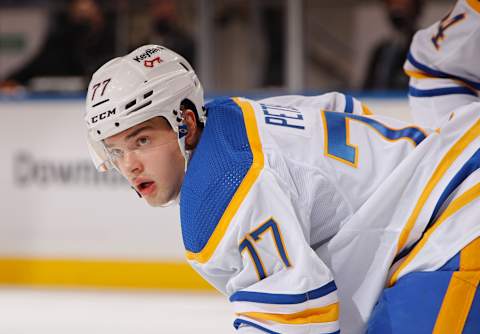 ELMONT, NEW YORK – DECEMBER 30: JJ Peterka #77 of the Buffalo Sabres skates against the New York Islanders at the UBS Arena on December 30, 2021 in Elmont, New York. (Photo by Bruce Bennett/Getty Images)