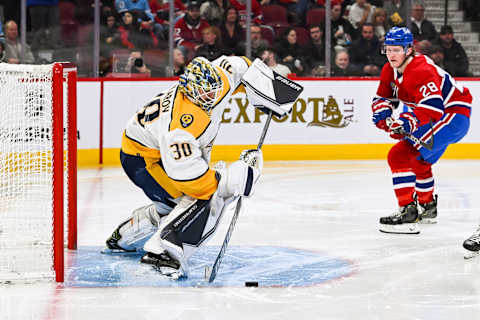 Jan 12, 2023; Montreal, Quebec, CAN; Nashville Predators goalie Yaroslav Askarov against the Montreal Canadiens. Mandatory Credit: David Kirouac-USA TODAY Sports