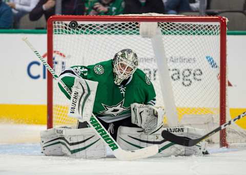 Feb 28, 2017; Dallas, TX, USA; Dallas Stars goalie Antti Niemi (31) in action during the game against the Pittsburgh Penguins at the American Airlines Center. The Stars defeat the Penguins 3-2. Mandatory Credit: Jerome Miron-USA TODAY Sports