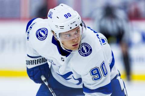 OTTAWA, ON – FEBRUARY 22: Tampa Bay Lightning Center Vladislav Namestnikov (90) prepares for a face-off during first period National Hockey League action between the Tampa Bay Lightning and Ottawa Senators on February 22, 2018, at Canadian Tire Centre in Ottawa, ON, Canada. (Photo by Richard A. Whittaker/Icon Sportswire via Getty Images)