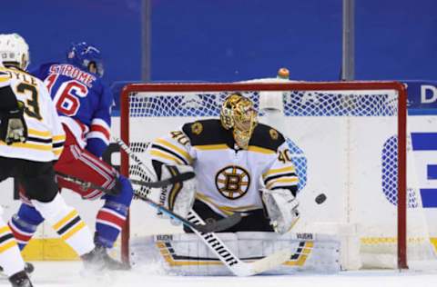 NEW YORK, NEW YORK – FEBRUARY 10: Tuukka Rask #40 of the Boston Bruins makes the stop on Ryan Strome #16 of the New York Rangers at Madison Square Garden on February 10, 2021 in New York City. The Bruins defeated the Rangers 3-2 in overtime. (Photo by Bruce Bennett/Getty Images)