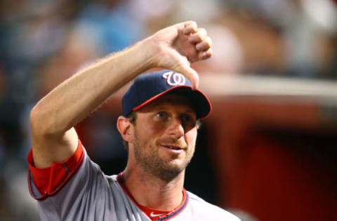 Aug 1, 2016; Phoenix, AZ, USA; Washington Nationals pitcher Max Scherzer reacts in the fifth inning against the Arizona Diamondbacks at Chase Field. Mandatory Credit: Mark J. Rebilas-USA TODAY Sports