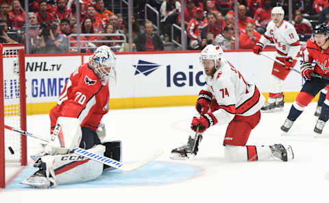 WASHINGTON, DC – OCTOBER 5: Carolina Hurricanes defenseman Jaccob Slavin (74) scores the game tying goal against Washington Capitals goaltender Braden Holtby (70) in the third period at Capital One Arena. (Photo by Jonathan Newton / The Washington Post via Getty Images)