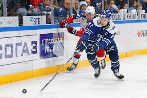 Vadim Shipachyov of the Dynamo Moscow battles for the puck against of the CSKA Moscow at the Arena VTB Moscow on January 8, 2020 in Moscow, Russia.