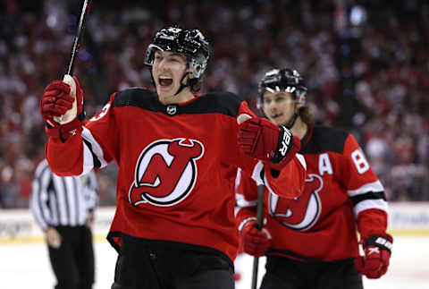 Jack Hughes #86 and Luke Hughes #43 of the New Jersey Devils. (Photo by Elsa/Getty Images)