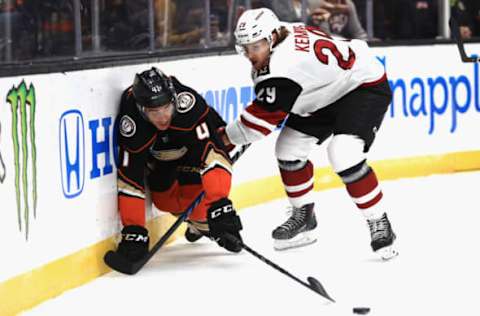 ANAHEIM, CA – SEPTEMBER 24: Mario Kempe #29 of the Arizona Coyotes defends against Corey Tropp #41 of the Arizona Coyotes during the first period of an NHL preseason game at Honda Center on September 24, 2018, in Anaheim, California. (Photo by Sean M. Haffey/Getty Images)