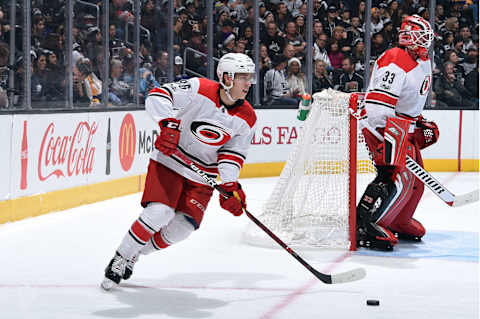 LOS ANGELES, CA – DECEMBER 9: Teuvo Teravainen #86 of the Carolina Hurricanes handles the puck during a game against the Los Angeles Kings at STAPLES Center on December 9, 2017 in Los Angeles, California. (Photo by Adam Pantozzi/NHLI via Getty Images)