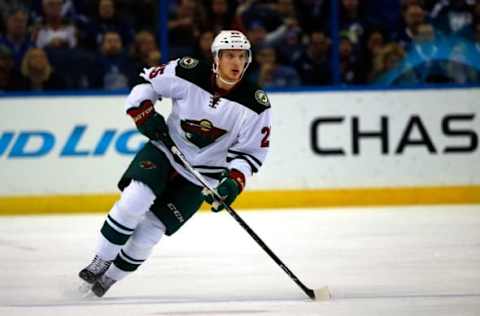 Jan 2, 2016; Tampa, FL, USA; Minnesota Wild defenseman Jonas Brodin (25) skates against the Tampa Bay Lightning during the first period at Amalie Arena. Mandatory Credit: Kim Klement-USA TODAY Sports