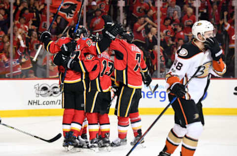 Apr 19, 2017; Calgary, Alberta, CAN; Calgary Flames center Sean Monahan (23) celebrates his second period goal against the Anaheim Ducks in game four of the first round of the 2017 Stanley Cup Playoffs at Scotiabank Saddledome. Mandatory Credit: Candice Ward-USA TODAY Sports