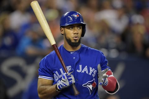 TORONTO, ON – MAY 19: Toronto Blue Jays Outfield Teoscar Hernandez (37) during an at-bat in the MLB game between the Oakland Athletics and the Toronto Blue Jays on May 19, 2018, at Rogers Centre in Toronto, ON. (Photo by Jeff Chevrier/Icon Sportswire via Getty Images)