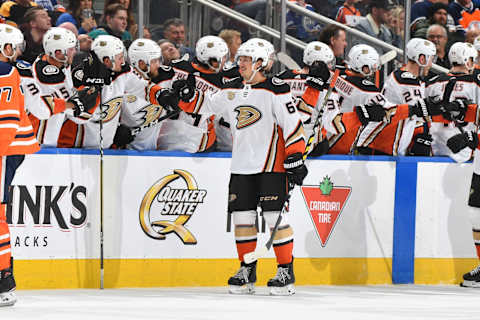 EDMONTON, AB – MARCH 30: Rickard Rakell #67 of the Anaheim Ducks celebrates after a goal during the game against the Edmonton Oilers on March 30, 2019 at Rogers Place in Edmonton, Alberta, Canada. (Photo by Andy Devlin/NHLI via Getty Images)