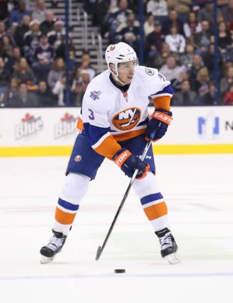 Dec 12, 2015; Columbus, OH, USA; New York Islanders defenseman Travis Hamonic (3) against the Columbus Blue Jackets at Nationwide Arena. The Islanders won 3-2 in overtime. Mandatory Credit: Aaron Doster-USA TODAY Sports