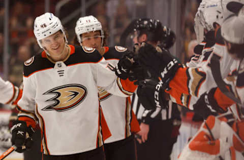 GLENDALE, ARIZONA – APRIL 01: Trevor Zegras #46 of the Anaheim Ducks celebrates with teammates on the bench after scoring a goal against the Arizona Coyotes during the first period of the NHL game at Gila River Arena on April 01, 2022 in Glendale, Arizona. (Photo by Christian Petersen/Getty Images)