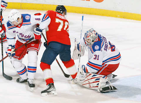 SUNRISE, FL – DECEMBER 29: Goaltender Igor Shesterkin #31 of the New York Rangers stops a shot by Patric Hornqvist #70 of the Florida Panther during second period action at the FLA Live Arena on December 29, 2021 in Sunrise, Florida. (Photo by Joel Auerbach/Getty Images)