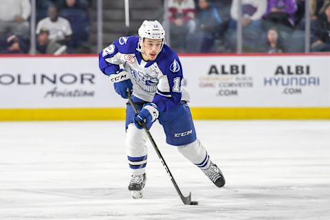 Alex Barre-Boulet #13 of the Syracuse Crunch. (Photo by Stephane Dube/Getty Images)