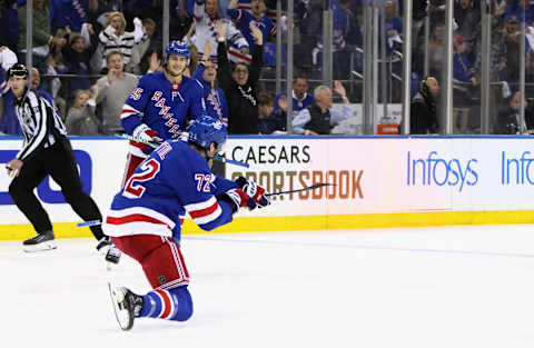 Filip Chytil #72 of the New York Rangers celebrates his second goal of the second period at 6:47 against the Carolina Hurricanes in Game Six (Photo by Bruce Bennett/Getty Images)