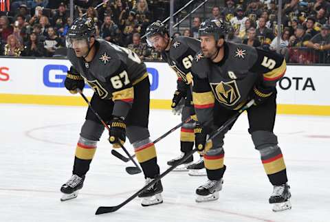 LAS VEGAS, NEVADA – OCTOBER 02: The Vegas Golden Knights stand ready for a face-off during the second period against the San Jose Sharks at T-Mobile Arena on October 02, 2019 in Las Vegas, Nevada. (Photo by David Becker/NHLI via Getty Images)