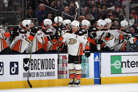 COLUMBUS, OHIO – JANUARY 19: Cam Fowler #4 of the Anaheim Ducks celebrates his goal during the second period against the Columbus Blue Jackets at Nationwide Arena on January 19, 2023 in Columbus, Ohio. (Photo by Emilee Chinn/Getty Images)