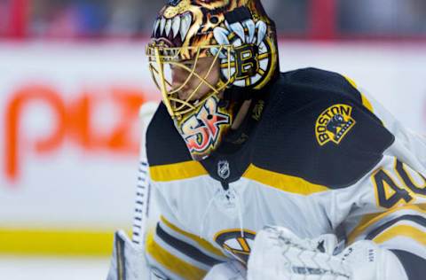 OTTAWA, ON – DECEMBER 30: Boston Bruins Goalie Tuukka Rask (40) prepares for a face-off during second period National Hockey League action between the Boston Bruins and Ottawa Senators on December 30, 2017, at Canadian Tire Centre in Ottawa, ON, Canada. (Photo by Richard A. Whittaker/Icon Sportswire via Getty Images)