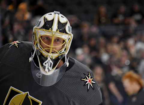 LAS VEGAS, NEVADA – SEPTEMBER 15: Garret Sparks #40 of the Vegas Golden Knights skates during warmups before a preseason game against the Arizona Coyotes at T-Mobile Arena on September 15, 2019 in Las Vegas, Nevada. The Golden Knights defeated the Coyotes 6-2. (Photo by Ethan Miller/Getty Images)