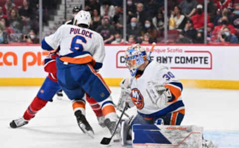 MONTREAL, QC – APRIL 15: Goaltender Ilya Sorokin #30 of the New York Islanders makes a pad save during the second period against the Montreal Canadiens at Centre Bell on April 15, 2022 in Montreal, Canada. (Photo by Minas Panagiotakis/Getty Images)