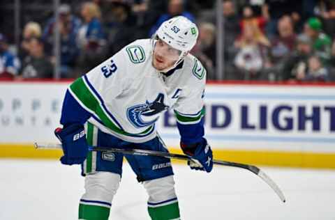 DENVER, COLORADO – MARCH 23: Bo Horvat #53 of the Vancouver Canucks looks on during a game against the Colorado Avalanche at Ball Arena on March 23, 2022, in Denver, Colorado. (Photo by Dustin Bradford/Getty Images)