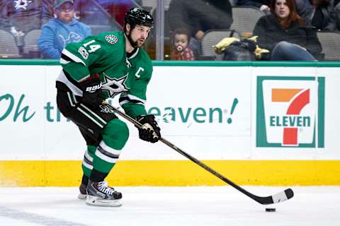 Mar 2, 2017; Dallas, TX, USA; Dallas Stars left wing Jamie Benn (14) skates against the New York Islanders during the third period at the American Airlines Center. Benn scores two goals. The Islanders defeat the Stars 5-4. Mandatory Credit: Jerome Miron-USA TODAY Sports