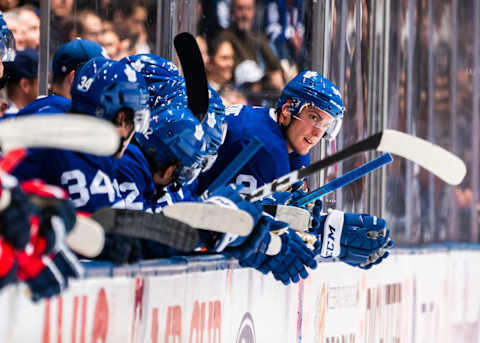 TORONTO, ON - OCTOBER 29: Tyson Barrie #94 of the Toronto Maple Leafs looks on from the bench against the Washington Capitals during the third period at the Scotiabank Arena on October 29, 2019 in Toronto, Ontario, Canada. (Photo by Mark Blinch/NHLI via Getty Images)