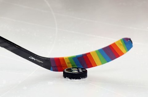 NEWARK, NEW JERSEY – JANUARY 04: The New Jersey Devils skate in warm-ups with taped stick for Pride Night prior to the game against the Colorado Avalanche at the Prudential Center on January 04, 2020 in Newark, New Jersey. (Photo by Bruce Bennett/Getty Images)