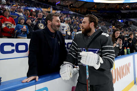 ST LOUIS, MISSOURI – JANUARY 25: Actor Jon Hamm and Ryan O’Reilly #90 of the St. Louis Blues talk prior to the 2020 Honda NHL All-Star Game at Enterprise Center on January 25, 2020 in St Louis, Missouri. (Photo by Bruce Bennett/Getty Images)