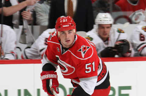 RALEIGH, NC – OCTOBER 28: Tomas Kaberle #51 of the Carolina Hurricanes controls the puck on the ice against the Chicago Blackhawks during a NHL game on October 28, 2011 at RBC Center in Raleigh, North Carolina. The Canes won 3-0. (Photo by Gregg Forwerck/NHLI via Getty Images)