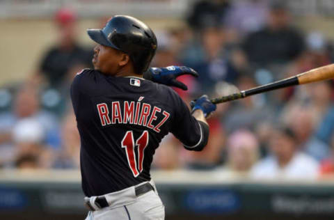 MINNEAPOLIS, MN – JULY 30: Jose Ramirez #11 of the Cleveland Indians hits a solo home run against the Minnesota Twins during the first inning of the game on July 30, 2018 at Target Field in Minneapolis, Minnesota. (Photo by Hannah Foslien/Getty Images)