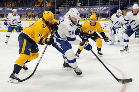 NASHVILLE, TENNESSEE – APRIL 13: David Savard #58 of the Tampa Bay Lightning   (Photo by Frederick Breedon/Getty Images)