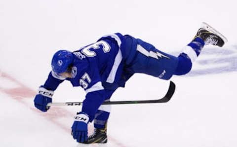 TORONTO, ONTARIO – AUGUST 08: Yanni Gourde #37 of the Tampa Bay Lightning  (Photo by Andre Ringuette/Freestyle Photo/Getty Images)