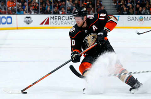 ANAHEIM, CA – FEBRUARY 11: Corey Perry #10 of the Anaheim Ducks skates with the puck during the game against the San Jose Sharks on February 11, 2018, at Honda Center in Anaheim, California. (Photo by Debora Robinson/NHLI via Getty Images) *** Local Caption ***