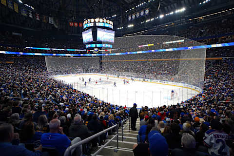 BUFFALO, NY – OCTOBER 12: A general view of the game between the Buffalo Sabres and the New York Rangers during the first period at KeyBank Center on October 12, 2023 in Buffalo, New York. (Photo by Kevin Hoffman/Getty Images)