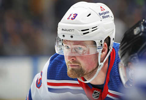 TORONTO, ON – NOVEMBER 18: Alexis Lafreniere #13 of the New York Rangers waits for a faceoff against the Toronto Maple Leafs during an NHL game at Scotiabank Arena on November 18, 2021, in Toronto, Ontario, Canada. The Maple Leafs defeated the Rangers 2-1. (Photo by Claus Andersen/Getty Images)