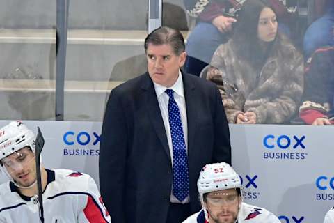 Jan 19, 2023; Tempe, Arizona, USA; Washington Capitals head coach Peter Laviolette looks on in the second periodagainst the Arizona Coyotes at Mullett Arena. Mandatory Credit: Matt Kartozian-USA TODAY Sports