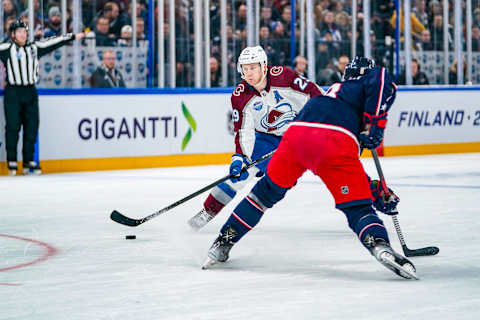 TAMPERE, FINLAND – NOVEMBER 05: Nathan MacKinnon of Colarado in action during the 2022 NHL Global Series – Finland match between Colorado Avalanche and Columbus Blue Jackets at Nokia Arena on November 5, 2022 in Tampere, Finland. (Photo by Jari Pestelacci/Eurasia Sport Images/Getty Images)